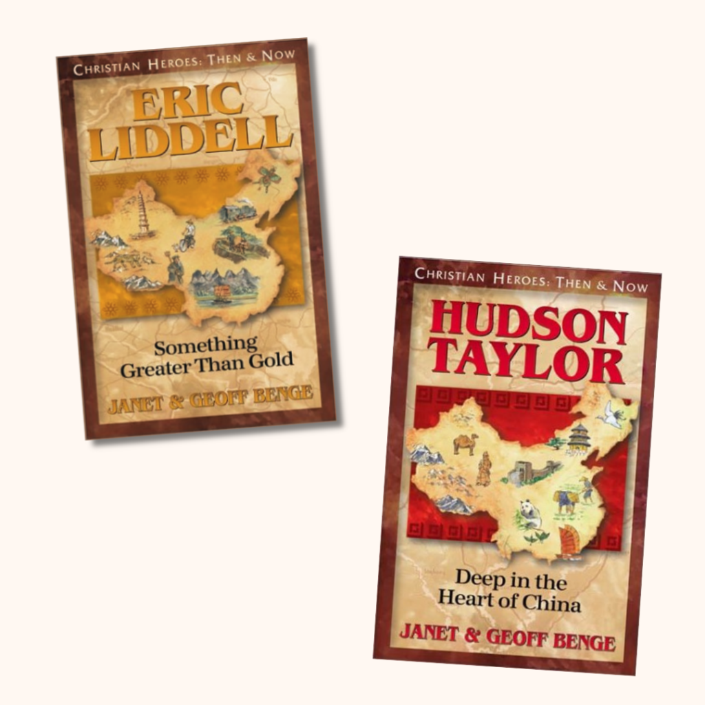 The front cover of two books, one about Eric Liddell and the other about Hudson Taylor.