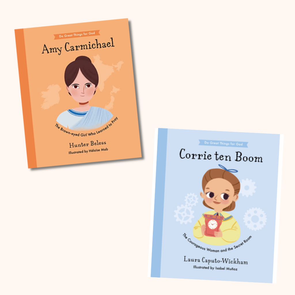 The front cover of two children's books one on Amy Carmichael and the other on Corrie ten Boom