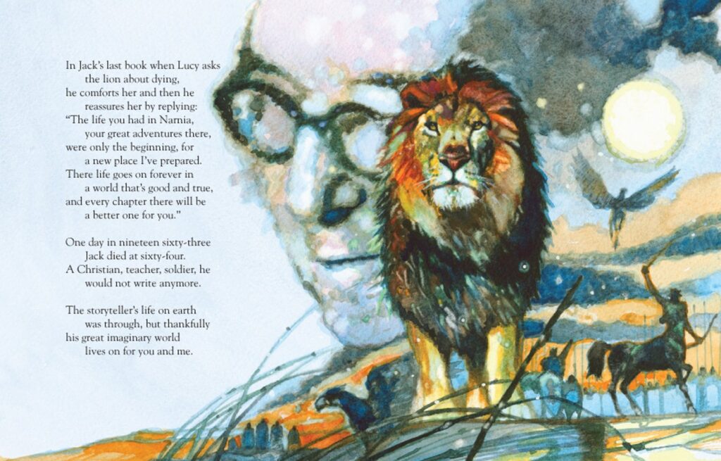 The inside of a book with text to the left and an illustration to the right. The illustration is of a man (CS Lewis) and a lion (Aslan).