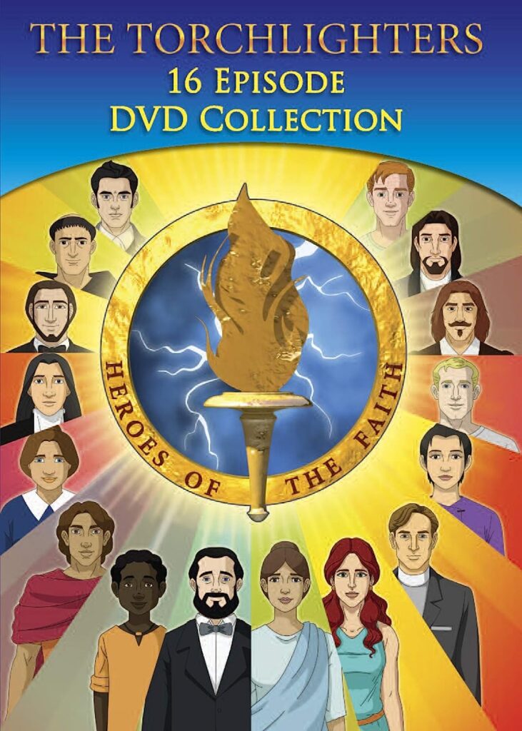 A DVD called The Torchlighters with a torch in the middle and several people surrounding it.